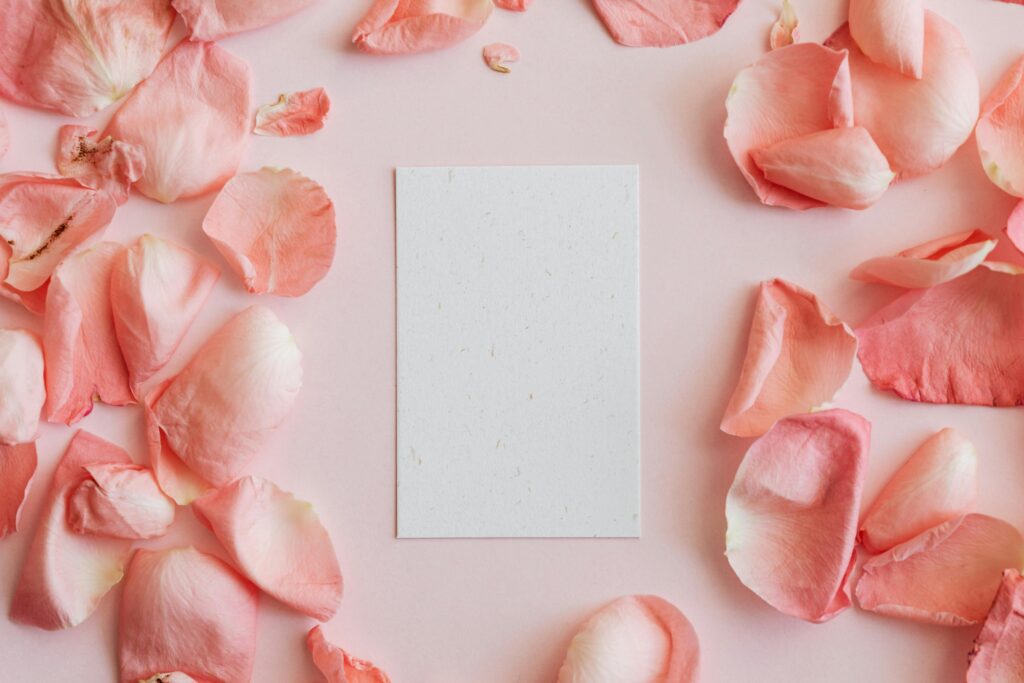 Elegant arrangement of rose petals surrounding a blank card on a pink background.